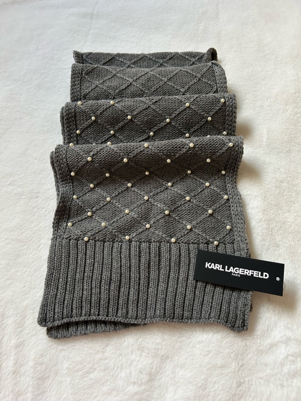 Karl Lagerfeld Gray Knit Scarf with Pearl Accents